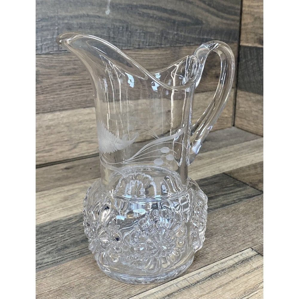 Antique EAPG Dagger Pitcher Etched & Raised Floral Pattern 7.25" Flowers Clear